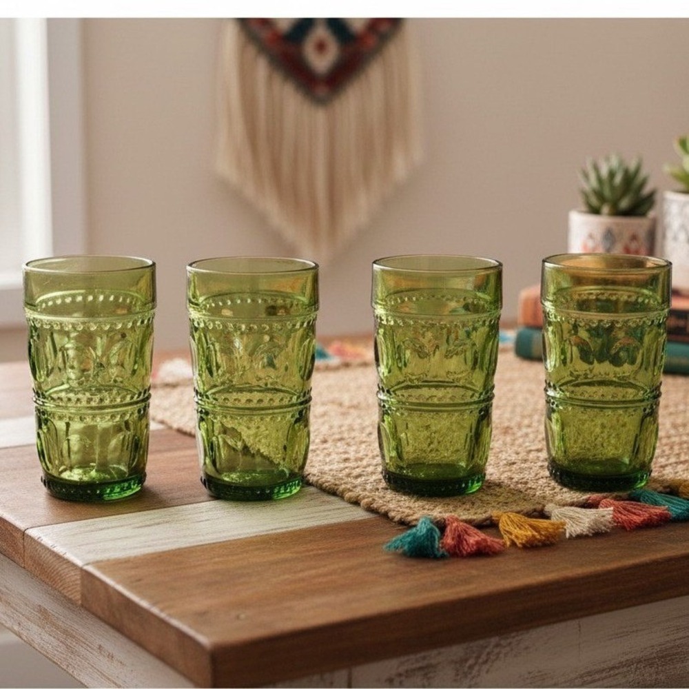 Indiana Glass Colony Park Lane Avocado Green Tumblers, Set of 4, Vintage Glasses